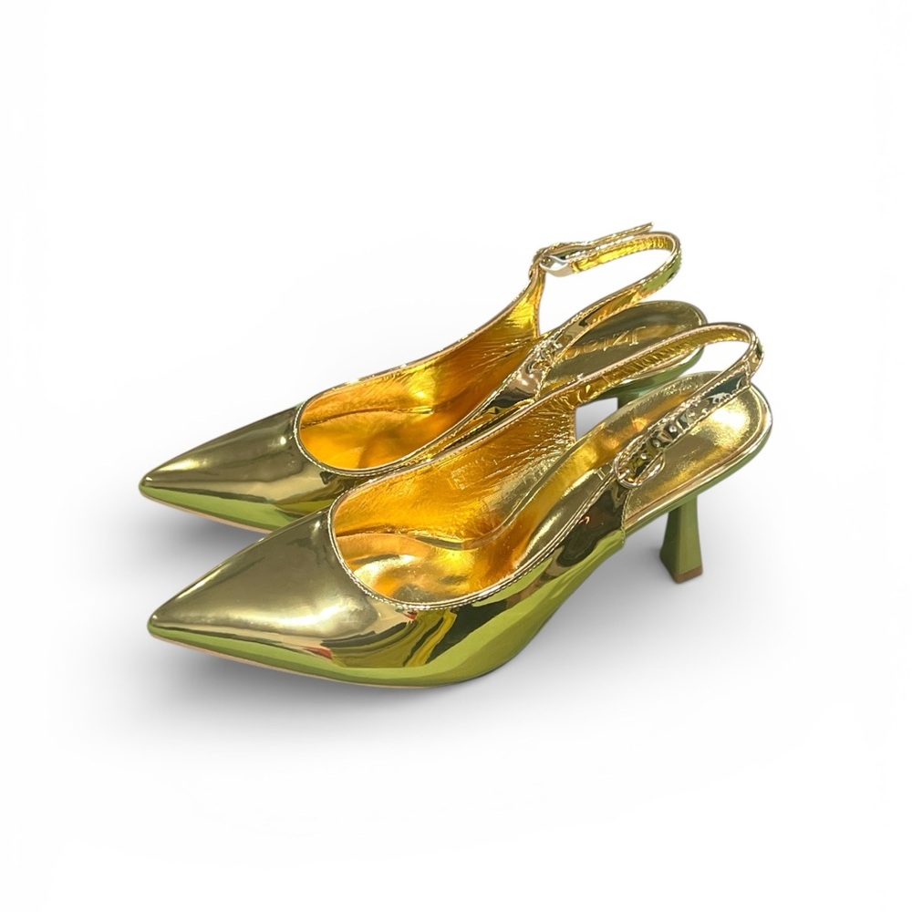 Shiny Gold Pointed Slingback Heels NWOT